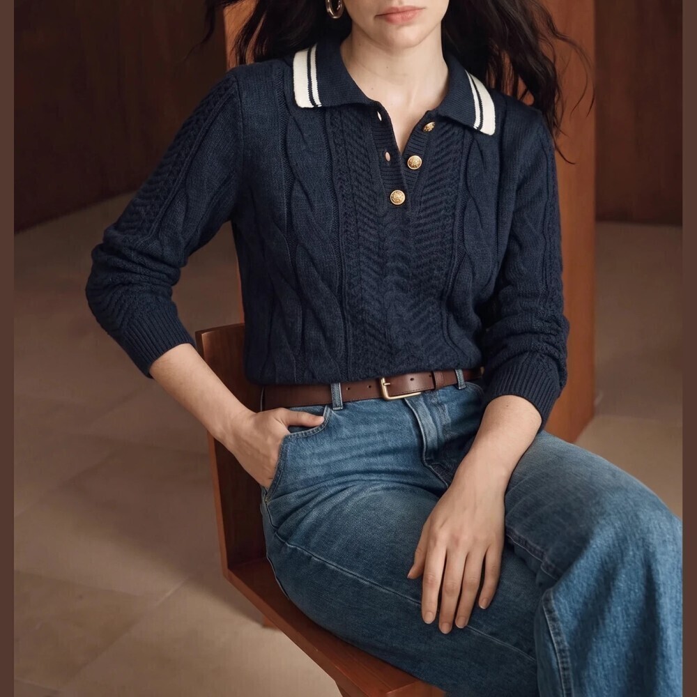 Navy Cable Knit Striped Collar Gold Button Polo Sweater